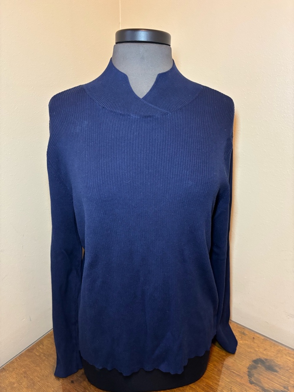 Coldwater Creek Navy Mock-Collar Ribbed Sweater, Silk Blend, XL